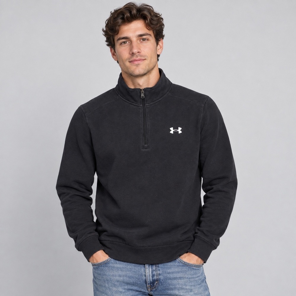 Under Armour Sweatshirt Mens Medium Black Loose Fit Quarter Zip Fleece Pullover